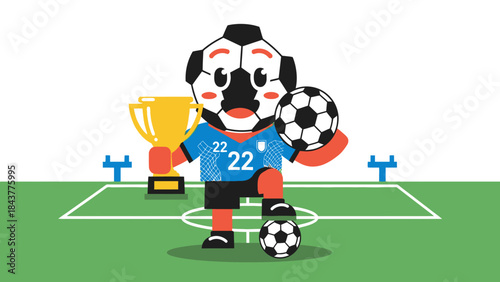 Vector cartoon illustration of a young soccer football player kicking a ball toward the goal during a fun team competition match