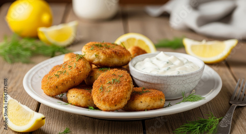 Delicious homemade fish cakes with fresh dill and lemon served with creamy sauce