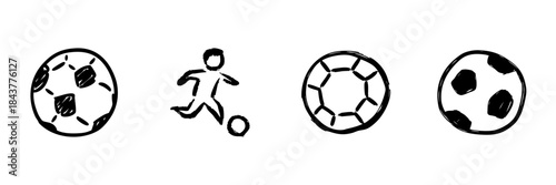 Soccer Ball And Player Line Icon Set In Doodle Style. Football Game, Sports Activity, And Team Play Outline Sketch Collection. Hand Drawn Isolated Vector Illustration