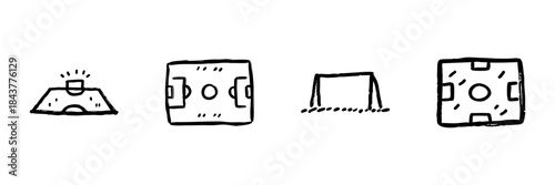 Soccer Field And Goal Line Icon Set In Doodle Style. Sports Venue, Football Pitch, And Goalpost Outline Sketch Collection. Recreational Activity Symbols. Hand Drawn Isolated Vector Illustration