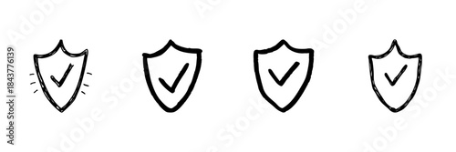 Shield With Checkmark Line Icon Set In Doodle Style. Security Assurance, Protection, And Verification Outline Sketch. Cybersecurity And Trust Symbol. Hand Drawn Isolated Vector Illustration
