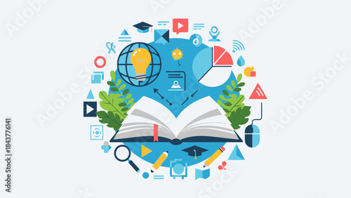Knowledge Unleashed: A vibrant illustration showcasing the power of education, knowledge, and lifelong learning, with a central open book surrounded by icons representing global connection.