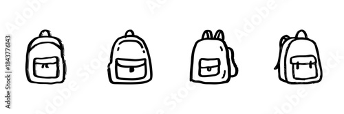 Backpack Line Icon Set In Doodle Style. School, Travel, And Outdoor Adventure Bag Outline Sketch Collection. Hand Drawn Isolated Vector Illustration
