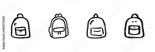 Backpack Line Icon Set In Doodle Style. School, Travel, And Outdoor Gear Outline Sketch Collection. Hand Drawn Isolated Vector Illustration