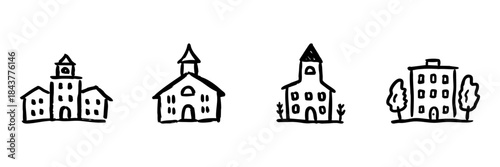 Hand-Drawn Building Line Icon Set In Doodle Style. Urban Architecture, School, Church, And Residential Building Outline Sketch Collection. Hand Drawn Isolated Vector Illustration