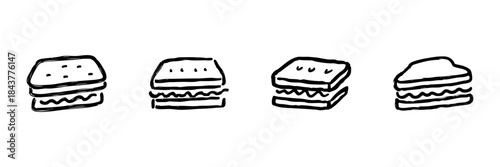 Sandwich Line Icon Set In Doodle Style. Fast Food, Snack, And Meal Representation Outline Sketch Collection. Hand Drawn Isolated Vector Illustration