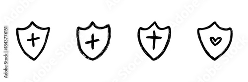 Shield Icons With Cross And Heart Symbols In Doodle Style. Protection, Health, And Security Outline Sketch Collection. Safety And Care Representation. Hand Drawn Isolated Vector Illustration