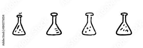 Laboratory Flask Line Icon Set In Doodle Style. Scientific Experimentation And Chemical Analysis Outline Sketch Collection. Educational And Research Illustration. Hand Drawn Vector Illustration