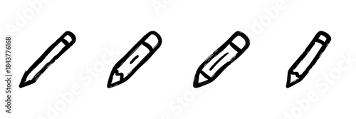 Pencil Line Icon Set In Doodle Style. Creative Writing, Drawing, And Sketching Tools Outline Sketch Collection. Artistic Expression And Education Symbols. Hand Drawn Isolated Vector Illustration