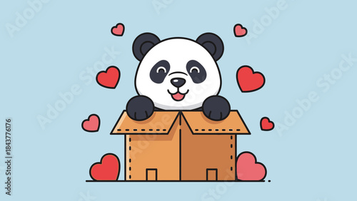 Panda's box of Love: An adorable panda peers out joyfully from a cardboard box surrounded by floating hearts, evoking warmth and affection.