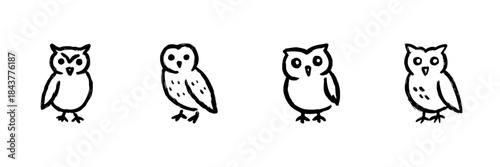 Four Owl Line Icons In Doodle Style. Wisdom, Knowledge, And Nocturnal Animal Representation Outline Sketch Collection. Hand Drawn Isolated Vector Illustration