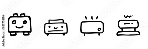 Cute Household Appliances Line Icon Set In Doodle Style. Playful Kitchen Gadgets And Electronics Outline Sketch Collection. Smiling Toaster, Tv, And More. Hand Drawn Isolated Vector Illustration