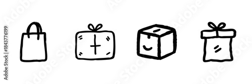 Shopping And Gift Packaging Line Icon Set In Doodle Style. Retail, E-Commerce, And Gift Wrapping Outline Sketch Collection. Hand Drawn Isolated Vector Illustration