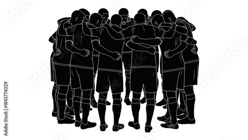 Team Huddle Silhouette: A close-knit group of teammates, silhouetted against a plain background, huddle together in a moment of unity, teamwork, and collective support.