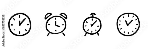 Clock And Alarm Clock Line Icon Set In Doodle Style. Time Management, Scheduling, And Punctuality Outline Sketch Collection. Hand Drawn Isolated Vector Illustration