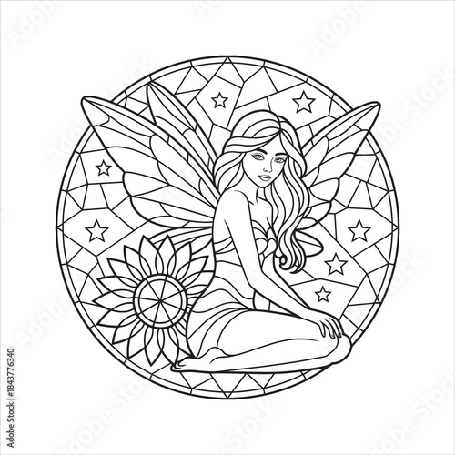 Mythical Mermaid Stained Glass Style Line Art Ocean Siren Circle