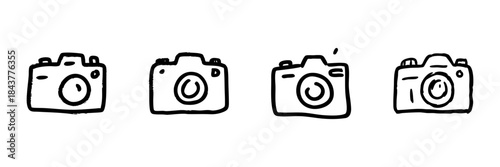Camera Line Icon Set In Doodle Style. Photography Equipment And Digital Imaging Outline Sketch Collection. Hand Drawn Isolated Vector Illustration