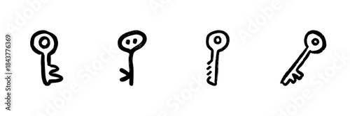 Four Unique Key Line Icons In Doodle Style. Security, Access, And Unlocking Concepts Outline Sketch Collection. Hand Drawn Isolated Vector Illustration