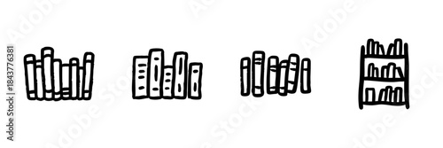 Books And Bookshelf Line Icon Set In Doodle Style. Library Organization, Reading, And Literature Collection Outline Sketch. Educational Resources. Hand Drawn Isolated Vector Illustration