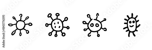 Virus And Bacteria Characters Line Icon Set In Doodle Style. Microorganism, Infection, And Pathogen Representation Outline Sketch Collection. Hand Drawn Isolated Vector Illustration