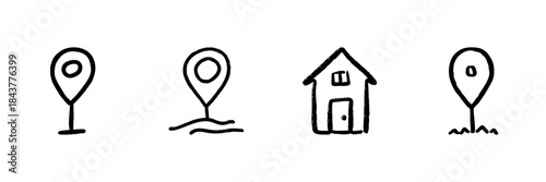 Location Pin And House Line Icon Set In Doodle Style. Navigation, Mapping, And Home Location Outline Sketch Collection. Hand Drawn Isolated Vector Illustration