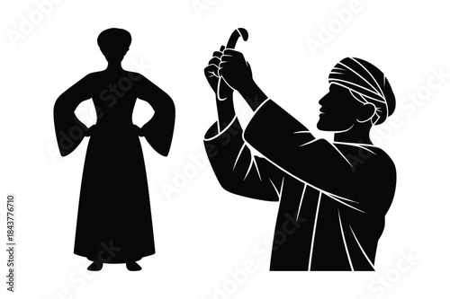 Black silhouettes of two figures, one standing in traditional robe and another holding a staff.