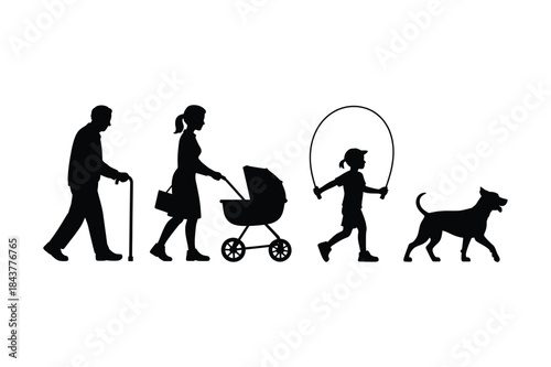 Silhouettes of a family across generations, from elderly man to baby and pet