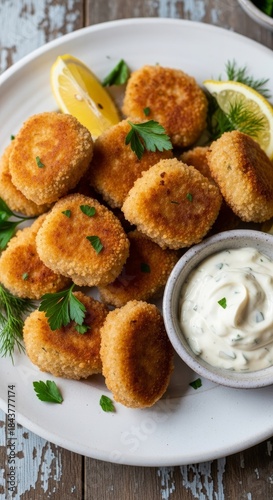 Delicious homemade chicken nuggets with creamy dipping sauce and fresh herbs