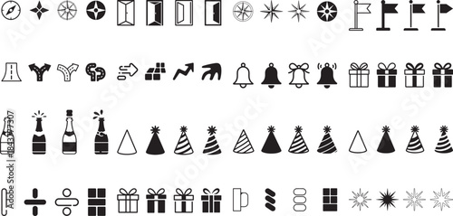 Set of vector silhouettes of trees and birds with plants and symbols for black icon design illustrations in a holiday collection