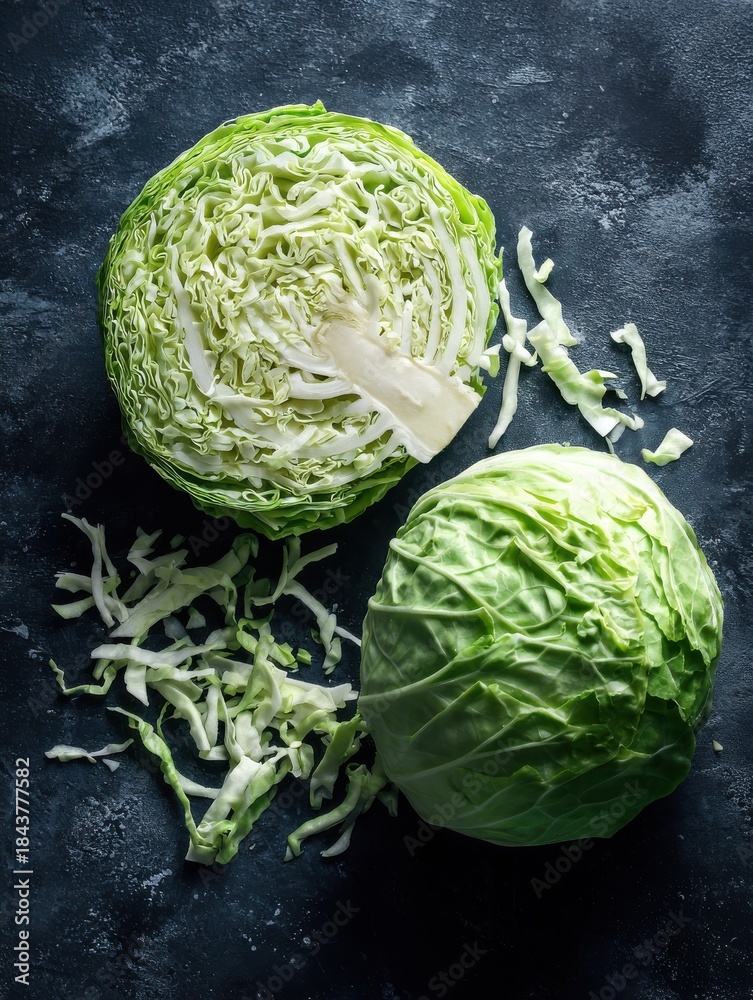 Obraz premium fresh young shredded cabbage whole head and cut piece isolated in white background modern hard light dark shadowvegetables for cutting spring salad vegan food diet vitamins no logos no brands ar 34