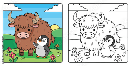 Cute cartoon yak and penguin standing together in a green meadow. Happy brown bull and small arctic bird best friends vector illustration for kids with sunny background.