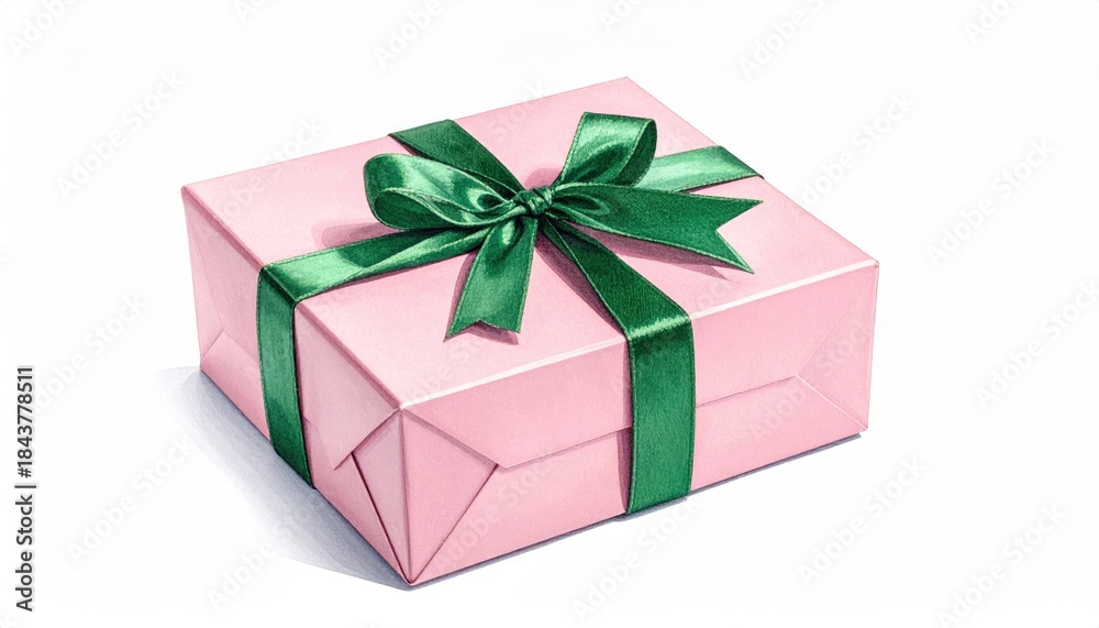 Obraz premium Elegant Pink Gift Box with Green Ribbon Bow Isolated on White Background.