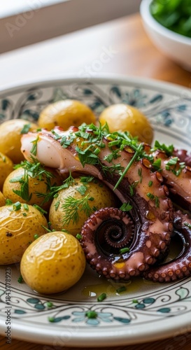 Gourmet seafood dish with grilled octopus and potatoes garnished with fresh herbs