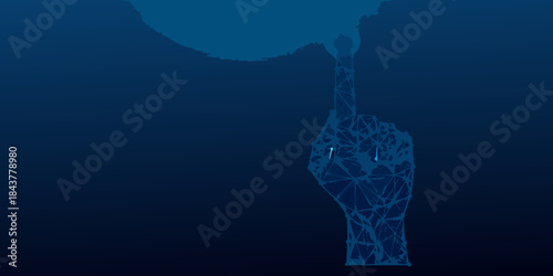 Abstract polygonal hand reaching upwards against a dark blue background