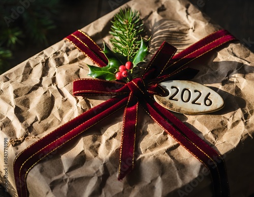 Rustic Kraft Paper Gift Box with 2026 Tag and Red Velvet Bow