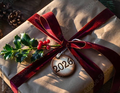 2026 Holiday Gift Wrap with Holly and Pine Cones on Wooden Table
