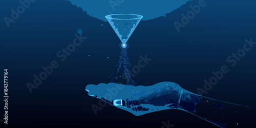 A glowing funnel emits light into the dark ocean depths above a submerged structure