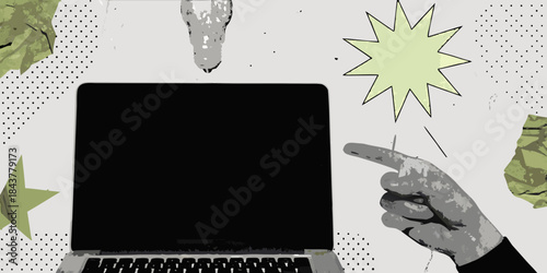 A laptop screen with a pointing hand and abstract green shapes around it