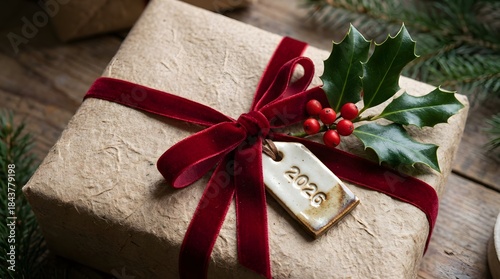 Eco-Friendly 2026 New Year Gift Box with Velvet Ribbon and Holly Detail