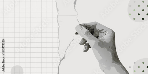 A hand tearing through a paper backdrop with a grid and dotted pattern