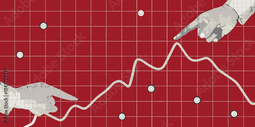 Analyzing market trends hands pointing to a fluctuating graph on red background