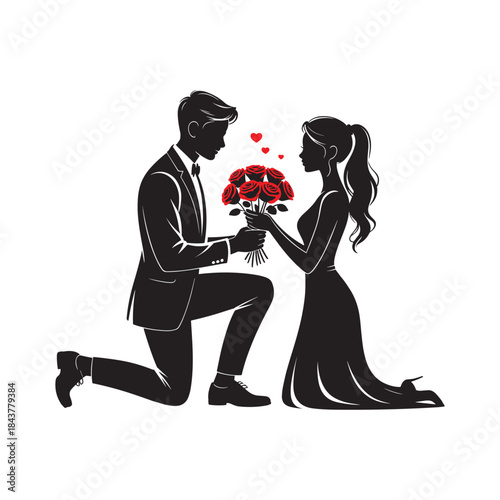 Romantic marriage proposal silhouette with kneeling couple and bouquet illustration