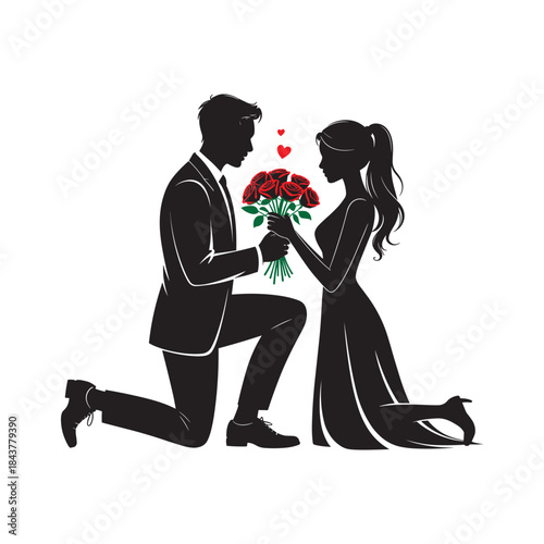 Romantic marriage proposal silhouette with couple and bouquet illustration