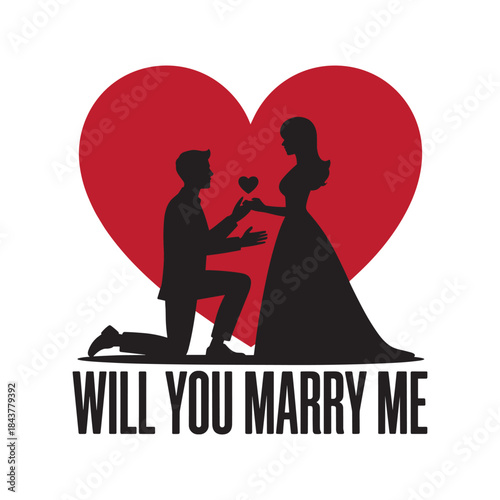 Marriage proposal silhouette with heart and “Will You Marry Me” text illustration