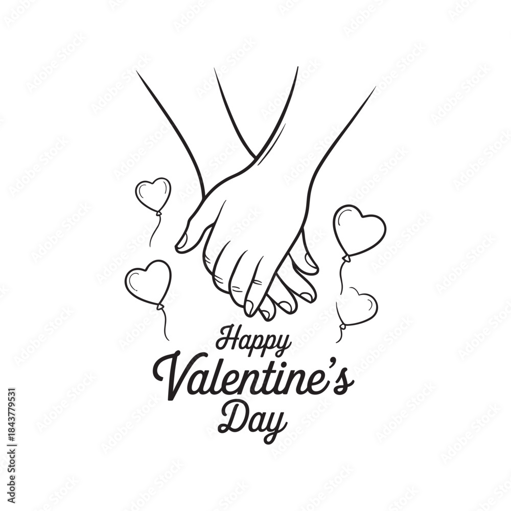 Obraz premium Happy Valentine’s Day Holding Hands Illustration with Heart Elements – Love and Romance Concept