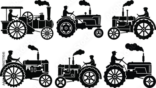 Vintage Tractor Silhouette Set Vector