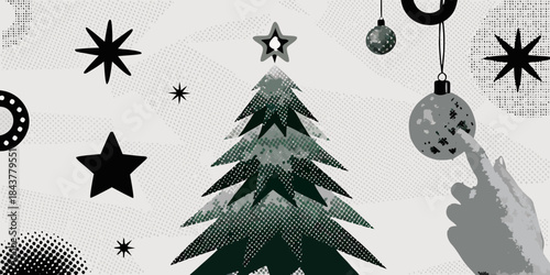 Stylized christmas tree with hand reaching for ornaments and festive starbursts