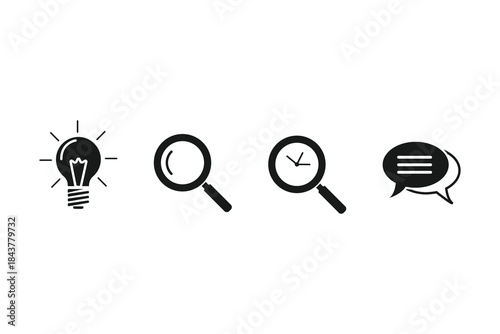 Illustrative icon set: concept of idea, search, time management, and communication