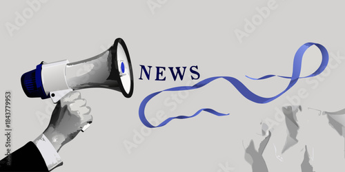 A hand holding a megaphone with the word news and flowing ribbon