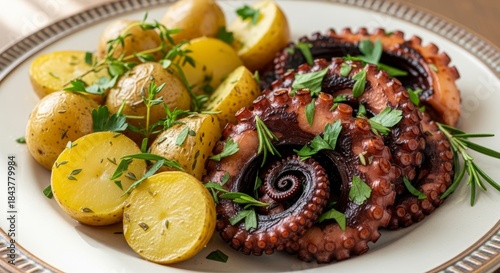 Grilled octopus and potatoes with fresh herbs on a plate for gourmet dining